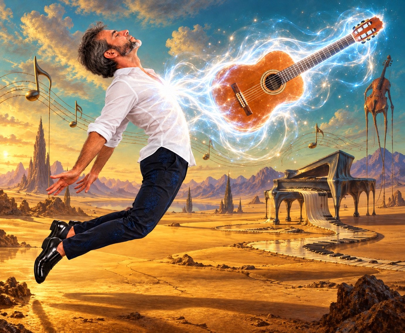 Kike flotando en un paisaje surrealista mientras su guitarra española despega envuelta en energía