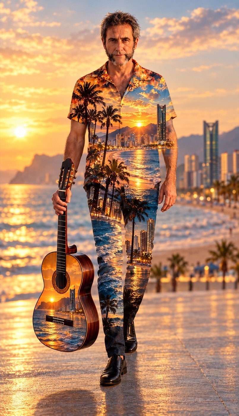 Doble exposición de Kike con su guitarra y el atardecer de Benidorm